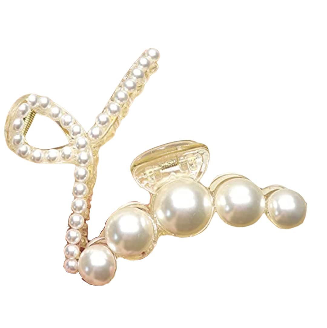 ANNACREATIONS 2 Pcs Korean Fashionable Fancy Stylish Large Pearl Hair Claw Clips Long Hair Jaw Clips Clutches Barrettes Hair Accessories for Women's and Girls (White)