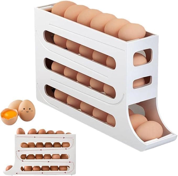 MAKRIV (1Pcs Refrigerator Egg Holder: Egg holder with Automatic Rolling,4 Tiers,Egg Storage,Space Saving Refrigerator Food Storage Container for Kitchen Cabinet Rectangular White