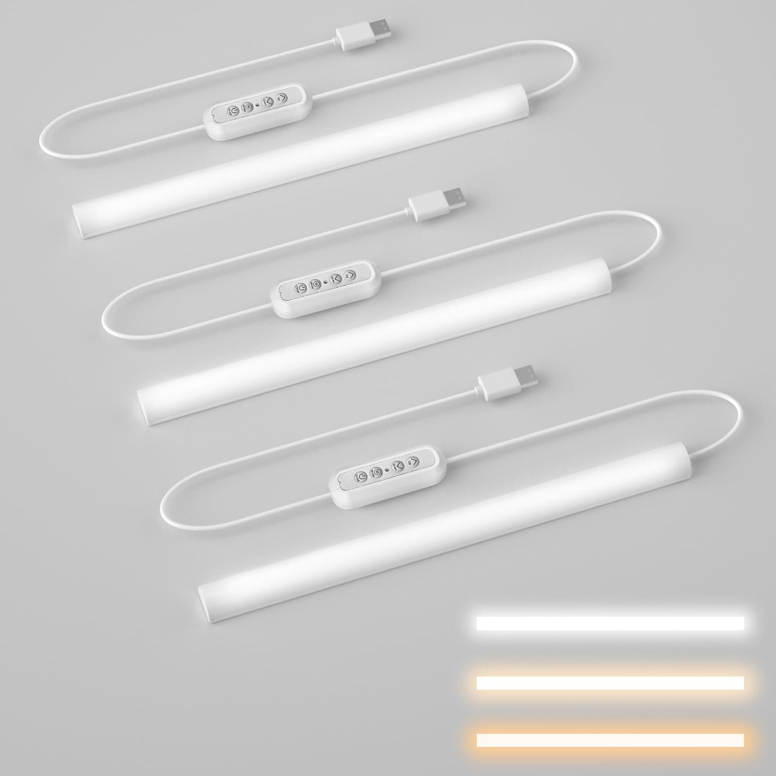 Hoteon Under Cabinet Light, 3 PCS 40cm/20in USB Plug Batten Lighting, 500LM | 3 Color Modes(3000K/4000K/5700K), 7W LED Cabinet Light with 10 Level Brightness, Counter Closet Light for Home, Desk