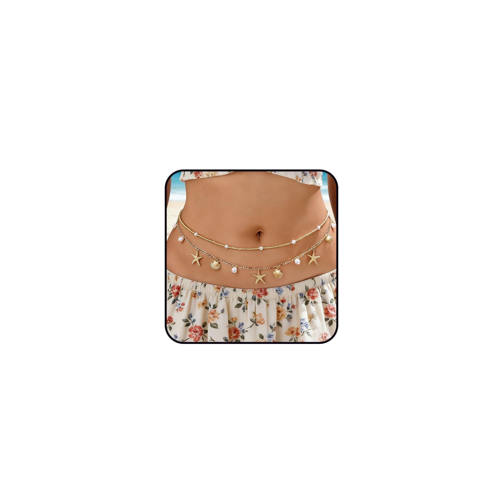 CHIROGRAPHY Gold Plated Starfish Seashell Waist Chain for Women Adjustable Layered Belly Chain Pearl Beaded Bohemian Body Chains Bikini Waist Jewelry Beach Summer Vacation Festival Boho Accessories