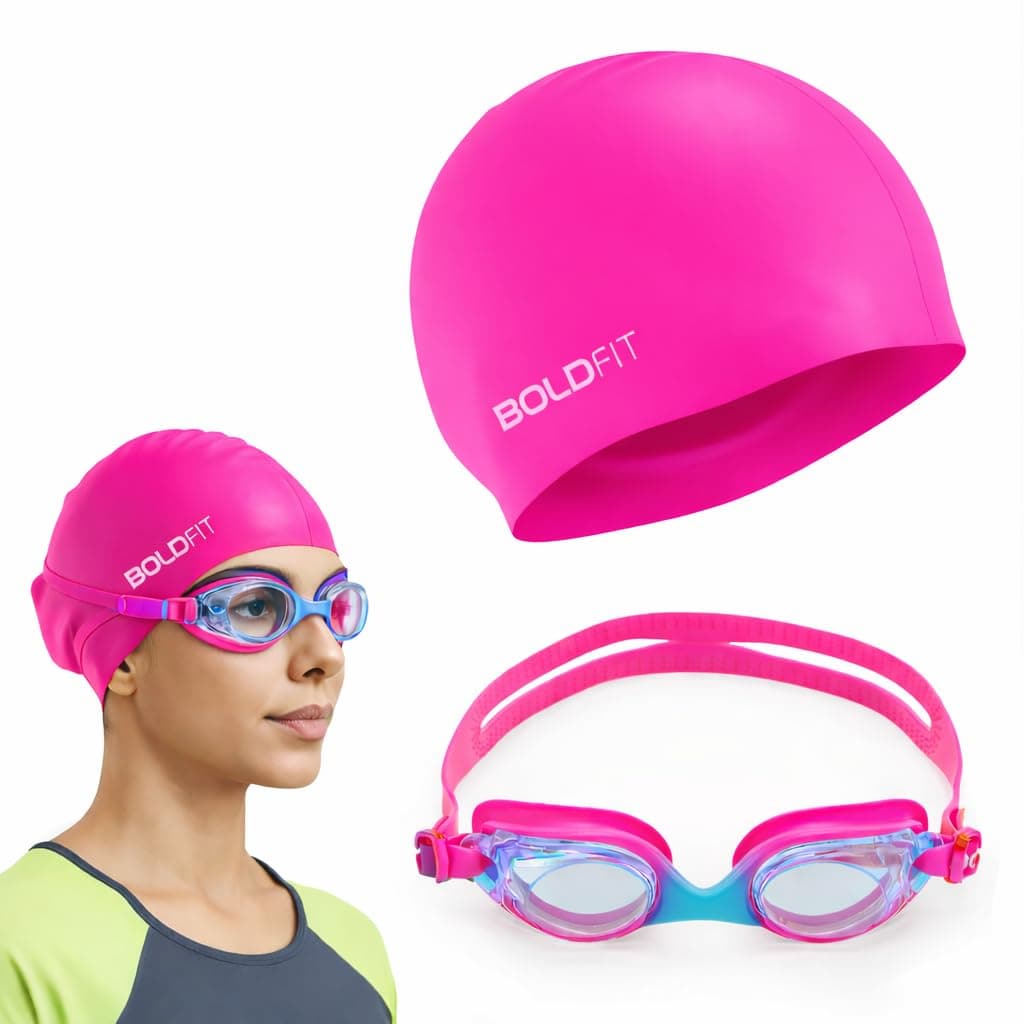 Boldfit Swimming Cap & Goggles Set for Men & Women - Silicone Cap & Anti-Fog Goggles - Roseo Blue - Swimming Safety Set