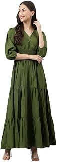 DEEBACO Women's Fit & Flare Maxi Dress|V-Neck|Full Length Long Dresses for Women|A-Line Dress|Stylish for Ladies|Beach Dress for Women