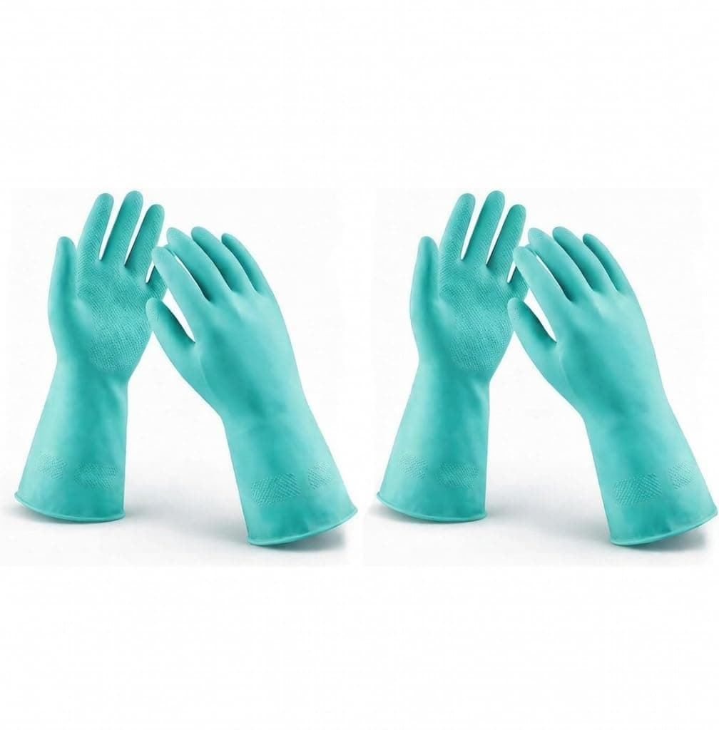 LADWA Premium Rubber Cleaning Gloves, Green Color Reusable Waterproof Household Gloves for Kitchen Cleaning, Dishwashing, Gardening and Bathroom Use with Comfortable Fit (Pack of 2 Pairs)