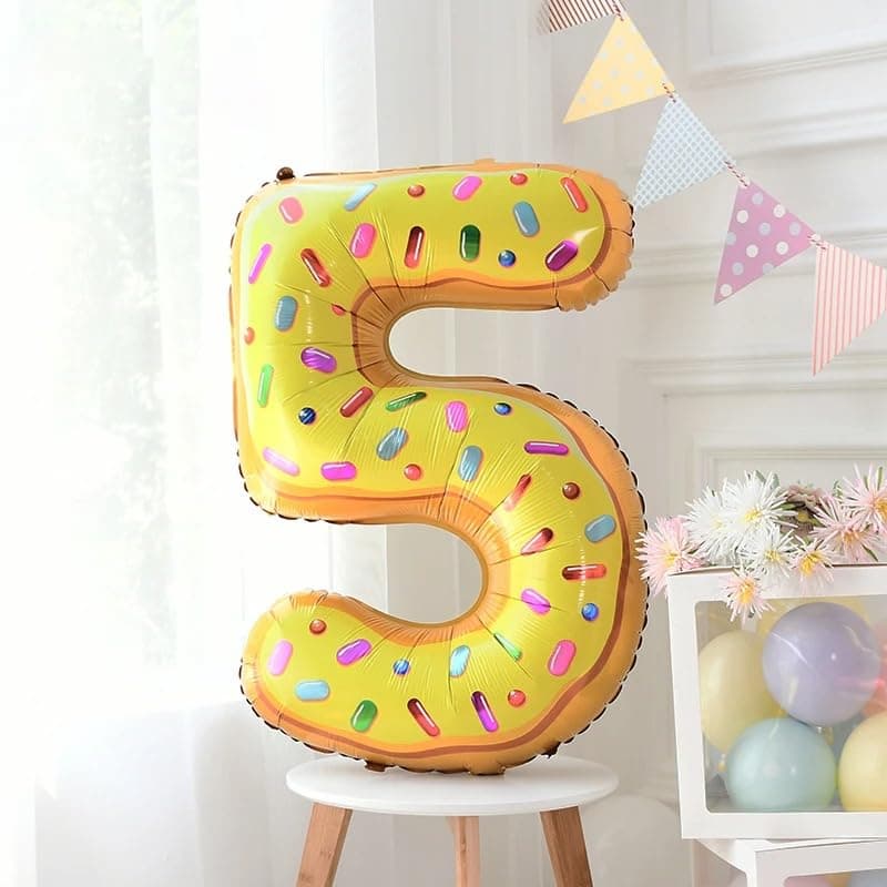 Atpata Funky Donut Candy Theme 34 Inch Number Shape Foil Balloons - Ideal for Birthdays & Celebrations - Vibrant 0 to 9 Numbers - Durable & Self-Sealing Party Decor Balloons (5)