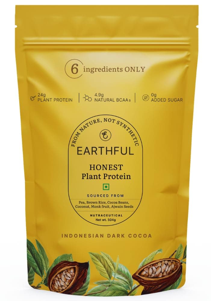 Earthful Honest Plant Protein | 24g Protein/Serving & 4.9g BCCAs | For Weight Management, Energy, Muscle Support & Recovery | Made with Pea & Brown Rice | Indonesian Cocoa - 504g