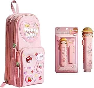 Kawaii Pencil Pouch 3 Compartment Cute Pencil Poucha,Large Capacity for Cute Pencil Cases Erasers Free for Pencil Pouch Pencil for Kids (Erasers+Pink)