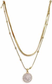 Zarini Premium Gold-Plated Double Layer Herringbone & Beaded Chain Floral CZ Pendant Necklace