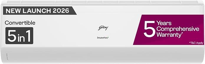 Godrej 1 Ton 5 Star| New Star rated| Inverter Split AC| 5 Years Comprehensive Warranty| AI Powered| 5-in-1 Convertible| Heavy-Duty Cooling at 52° C (AC 1.0T EC HIC 12J5TG WA,White)