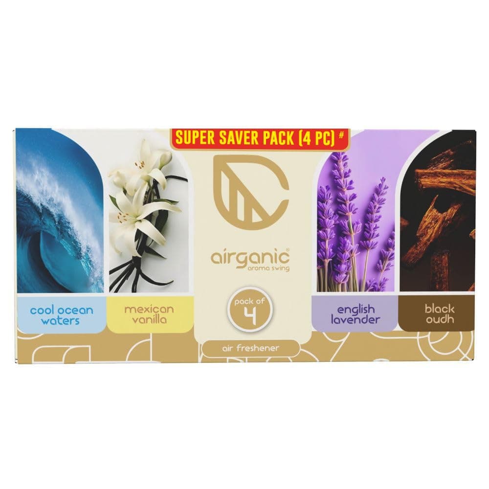 Airganic Aroma Swing - Pack of 4 (40 ml) - Combo: Cool Ocean, Mexican Vanilla, Lavender & Black Oudh Car Perfume | Aroma Essential Oils in Glass Bottle with Wooden Diffuser Lid | Car Accessories 2026