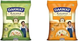 DAAWAT Rozana Gold Basmati Rice 5Kg| For Everyday Consumption| Cooked Grain Upto 15mm*| + Daawat Rozana Super Basmati Rice 5Kg| For Everyday Consumption| Cooked Grain Upto 13mm*|