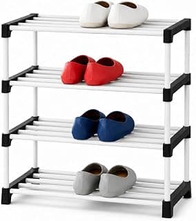 PLX Store 4 Tier Plastic Shoe Rack for Home, Stackable Shoe Organizer Shelf Stand, Space Saving Footwear Storage Rack for Bedroom, Closet & Entryway, White