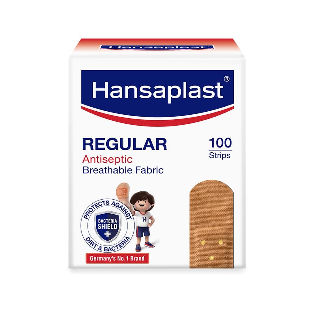 Hansaplast Antiseptic Regular Bandage for Cuts & Wounds | 100 strips | Breathable fabric | First Aid | Protects Against Dirt and Bacteria | For Kids & Adults