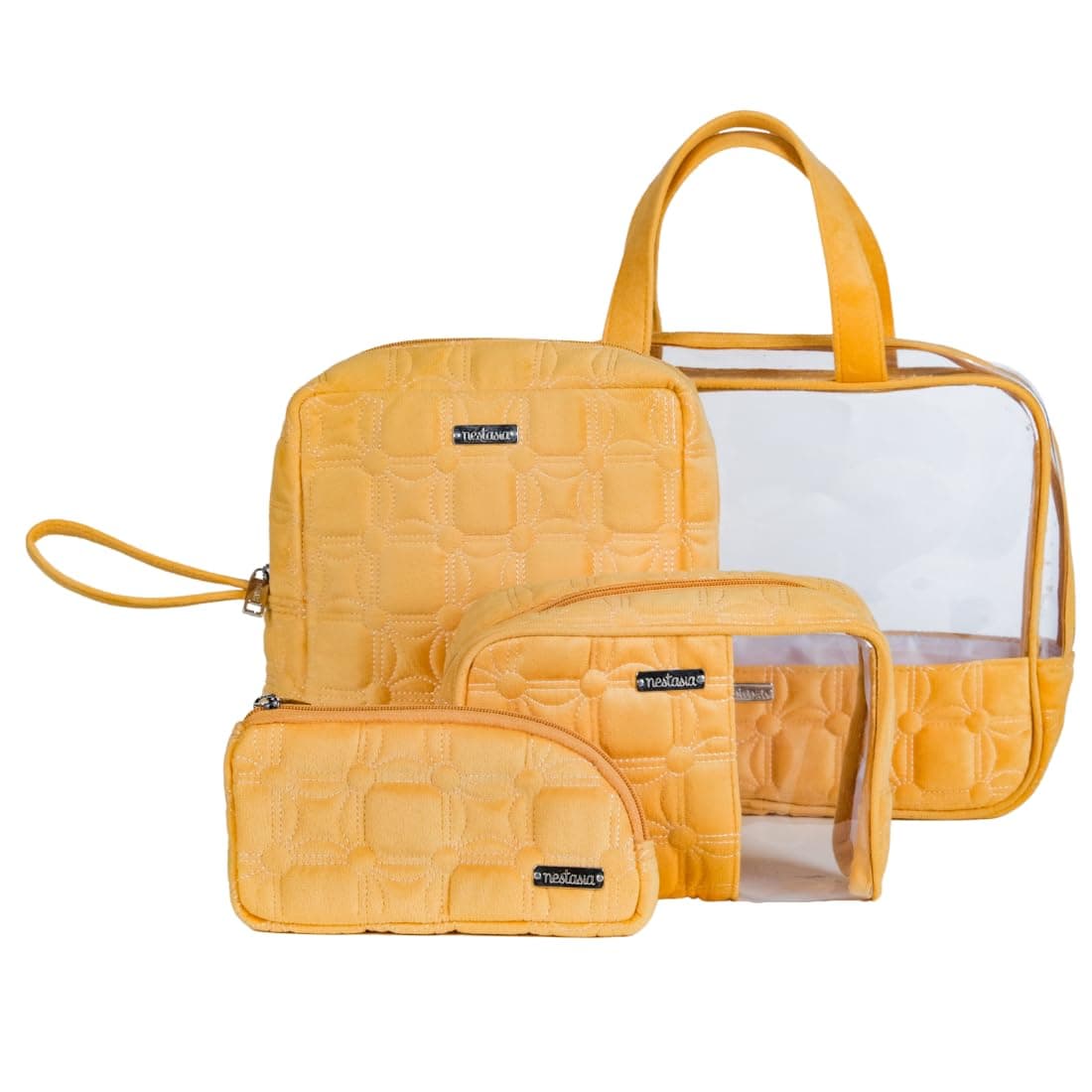 Nestasia Quilted Velvet Travel Pouch Set of 4 | Stylish Storage Organizers | Elegant Bags for Makeup, Toiletries, Travel Essentials & More | Yellow