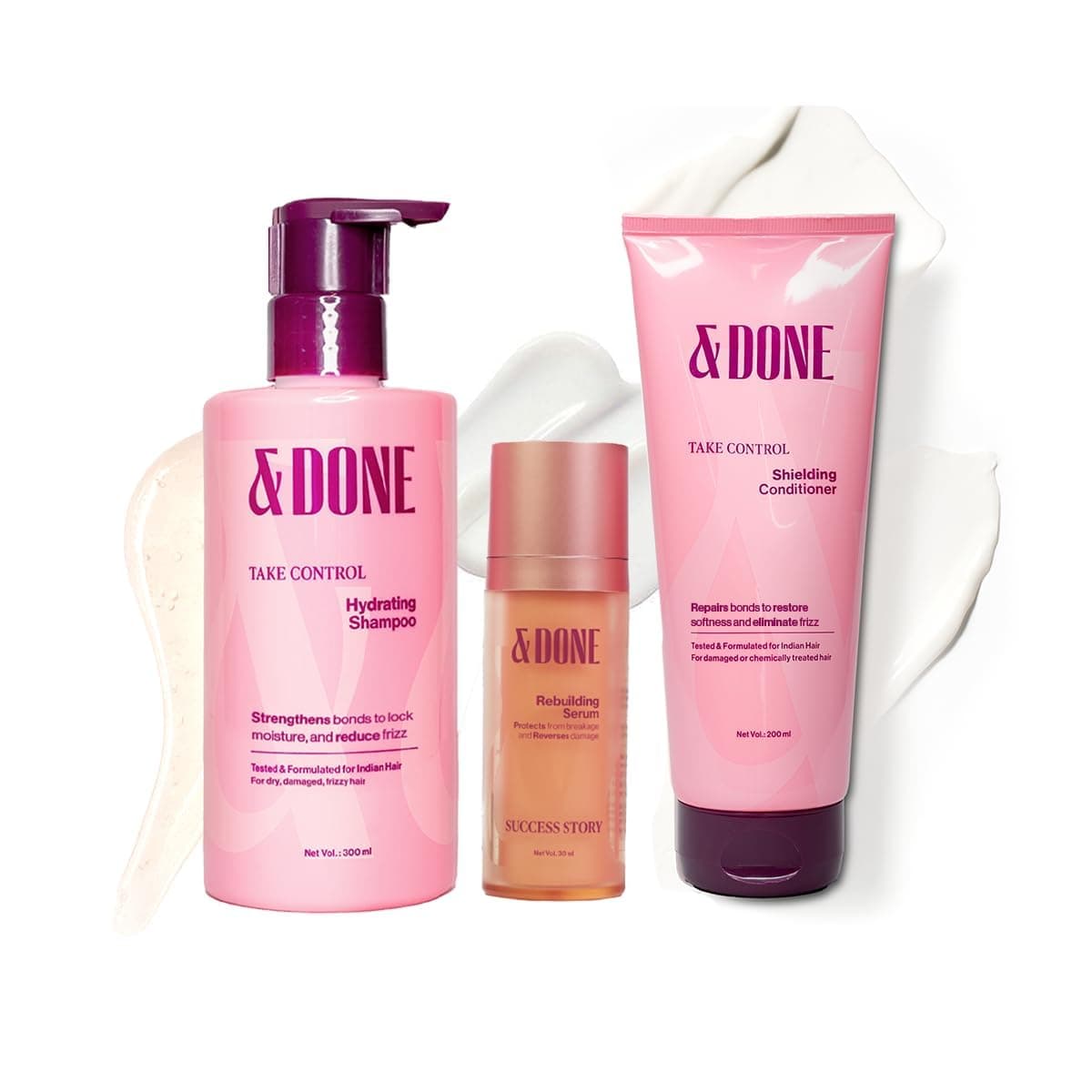 &Done Frizz Repair Kit | Shampoo, Conditioner and Serum for Frizzy, Dry Hair | Restores Protein, Repairs Bonds | Compatible with Chemically Treated Hair | Sulphate & Paraben Free - Pack of 3