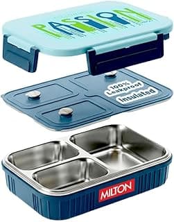 MILTON Meal Safe 3 Inner Stainless Steel Tiffin Box for School with Steam Release Plug | PU Insulated, Leak-Proof, Food Grade I Lunch Box for Kids Boys, Girls with Snap Lock Lid, 630 ml, Dark Blue