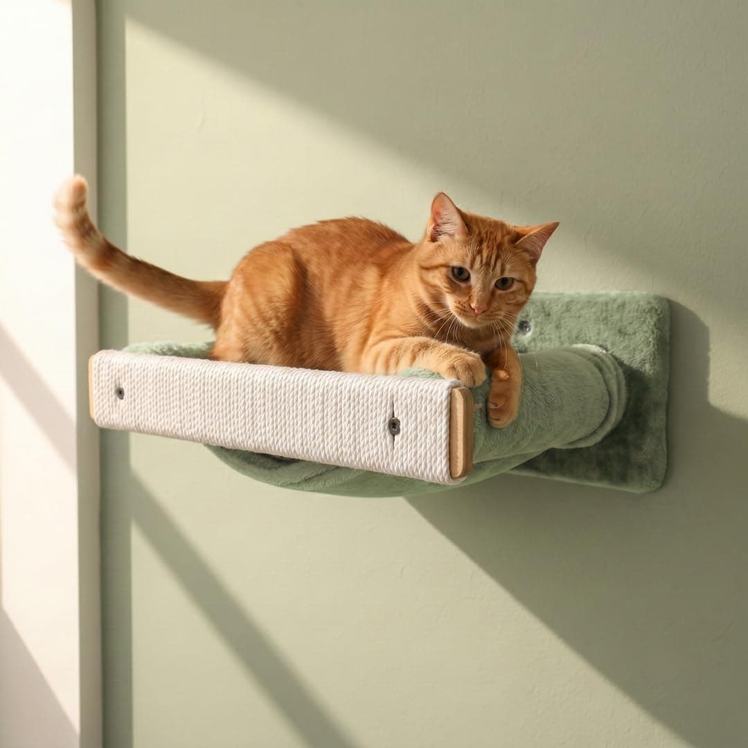 FURRLOVERS Wall-Mounted Cat Perch with Scratching Post, Plush Cushion, Beige and Grey, Space-Saving Hammock Bed, (24X6 INCH) FURR- 151 (Green)
