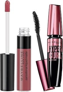 Maybelline New York Hypercurl Mascara Waterproof, Black, 9.2ml & Maybelline New York Sensational Liquid Matte Lipstick 06, Best Babe, 7G.