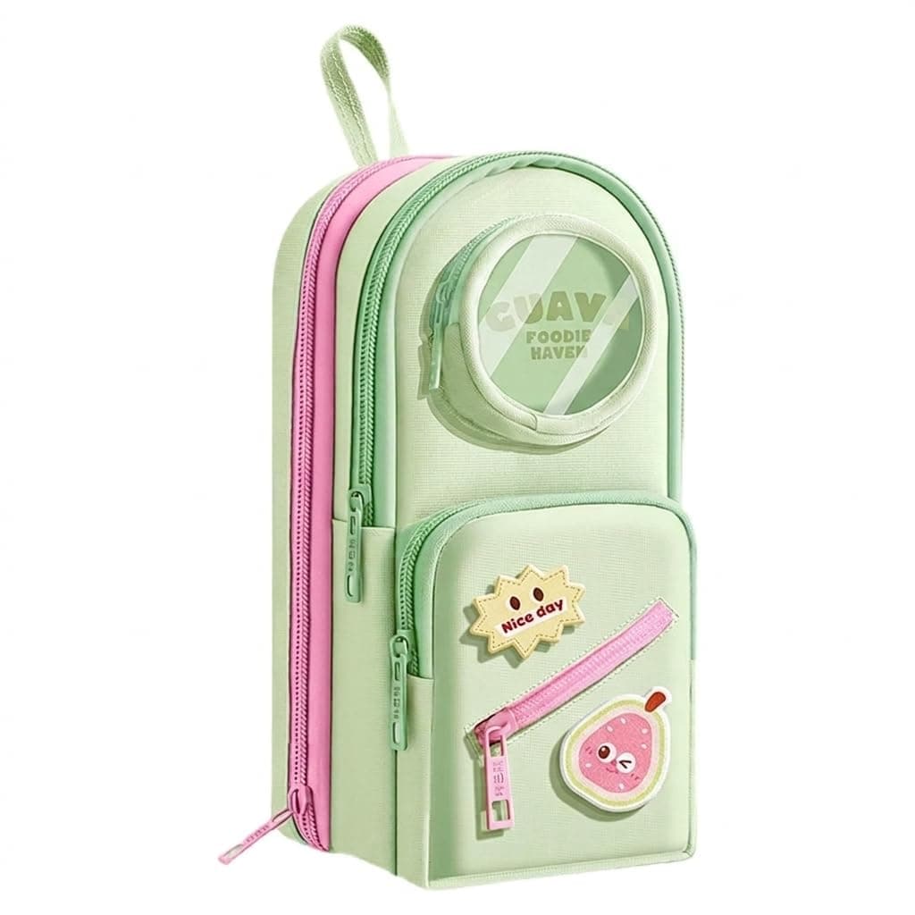 GERQSHO® Canvas School Bag Pencil Case, 3 Layer 6 Compartment Large Capacity, Aesthetic Pencil Pouch for Stationary, Cute Stationery for Kids, Pencil Case for Girls & Boys (Guava Foodie - Green)