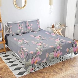 Namchi Printed Double bedsheet, Floral Flat Bedsheet Set,Leaf Pattern, Queen Size, Soft Microfiber Bed Sheets with Matching Pillowcases, Modern Bedroom Decor (90x100) Inch (Double-Pink Flower)