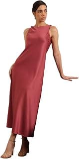 FableStreet Women Party Dress | Elegant A-Line Fit Sleeveless Round Neck Solid Pattern | Premium Satin Fabric with Twist Front Design for Cocktail & Evening Occasions