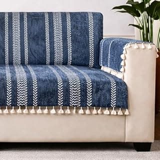 STITCHNEST Chenille Printed Sofa Cover 3 Seater with 2 Hand Rest Covers – Washable Blue Sofa Cover with Tassels – Durable Premium Fabric – Stylish Sofa Protector for Living Room & Furniture Decor