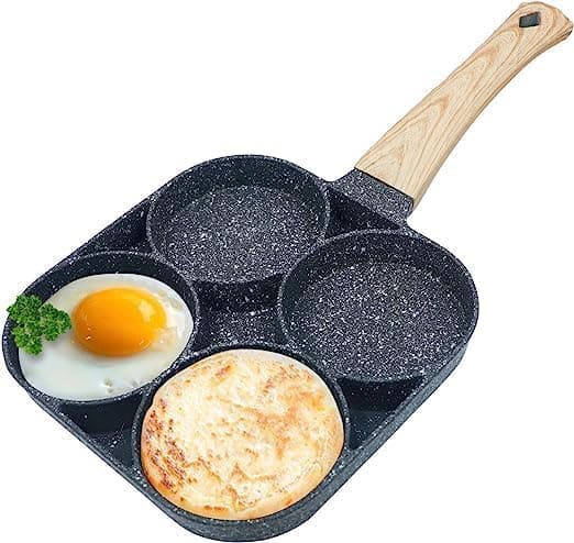 Renesmee Non-Stick Egg Frying Pan with Detachable Wooden Handle | Multi-Purpose Pan for Omelets, Uttapam, Idli, Burgers, and Poached Eggs | Ideal for Kitchen Breakfast (4 Hole, 1 Piece)