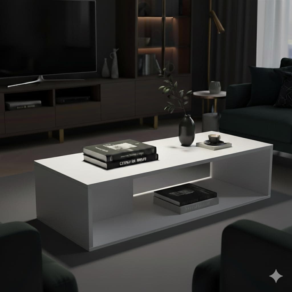 FURLAY Aura Engineered Wood Coffee Table, Minimalist Matte White Coffee Table – 80cm Center Table with Asymmetrical Open Storage & Sleek Geometric Design for Living Room or Office (FWTC5-White)