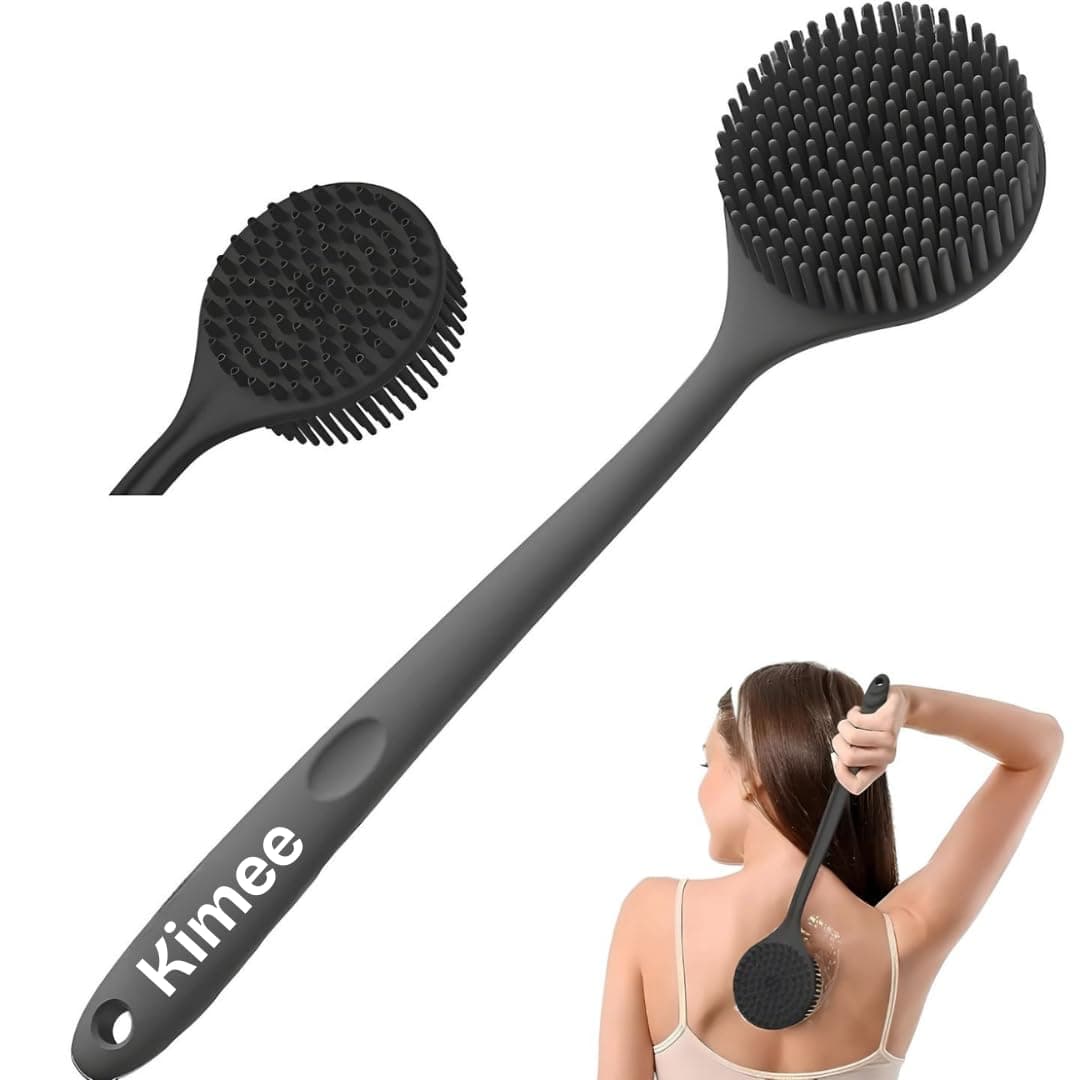 KIMEE Soft Silicone Back Scrubber with Long Handle for Shower & Bath | Flexible Exfoliating Brush with Gentle Bristles for Smooth Skin | Body Scrubber for Men, Women & Boys | Ideal for Body Wash & Bathing (Black)
