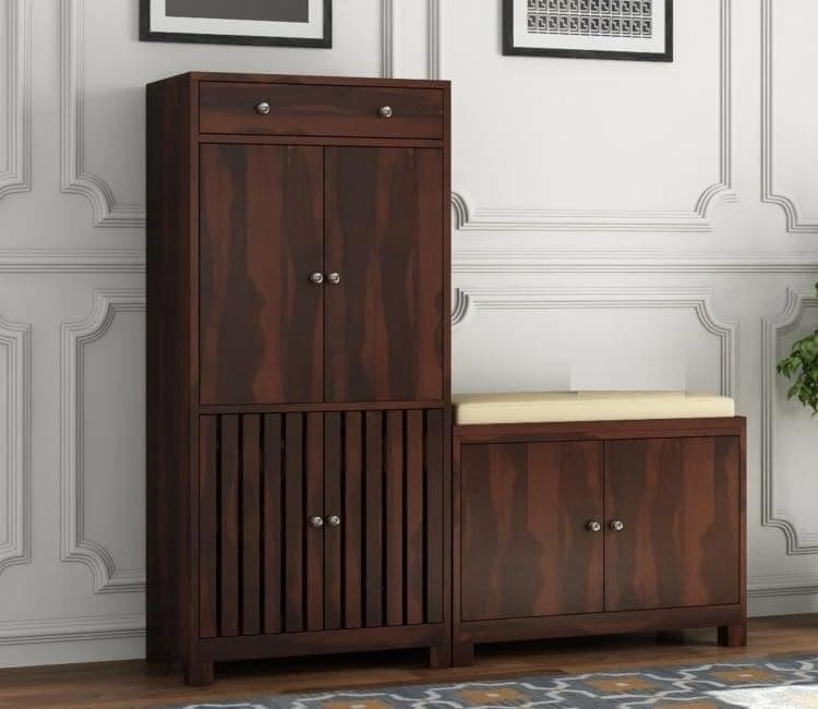 DR FURNITURE Wooden Shoe Cabinet with Seating | Solid Wood Shoe Rack for Home | Big Shoe Rack with Door | Storage Cabinet for Living Room (Walnut Finish)