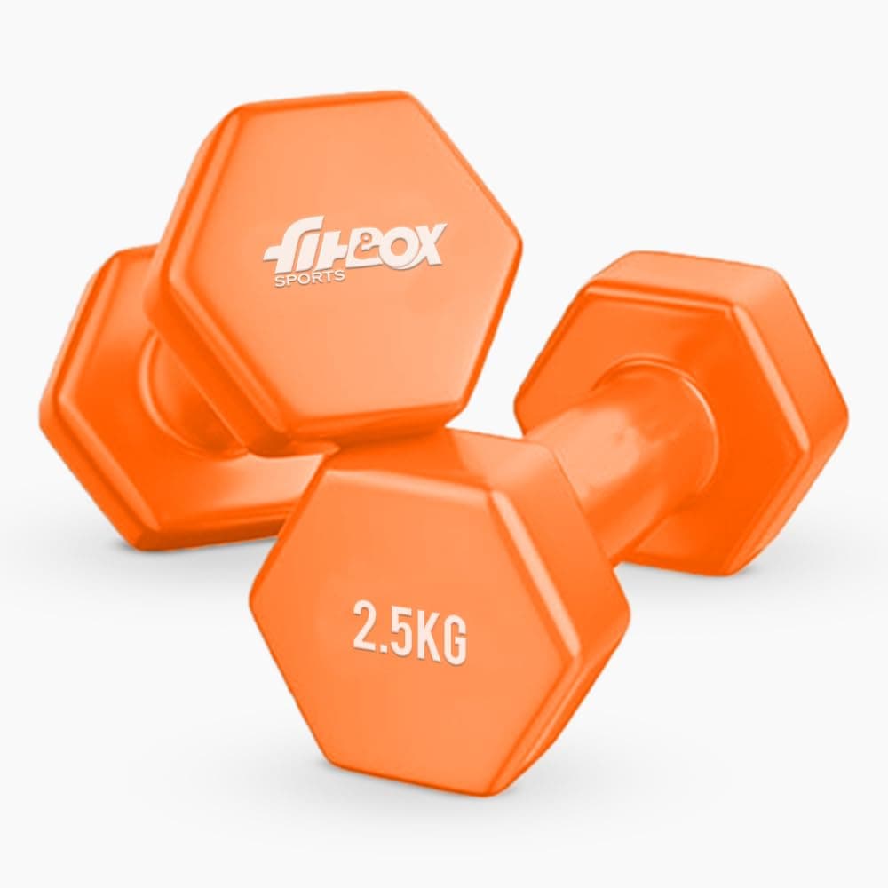 FitBox Sports Premium 5kg (2.5kg x 2) Vinyl Coated Cast Iron Dumbbells for Exercise & Fitness | Strength Training for Home Gym - Owlish Orange