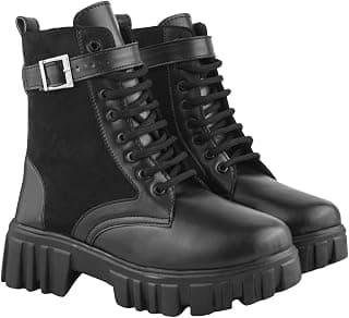 Shoetopia Women's Black Combat Boots – Chunky Platform Lace-Up Ankle Boots with Buckle Strap Leather & Suede – Gothic Punk Style