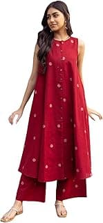 ANNI DESIGNER Women's Cotton Printed Maroon Hand-Print Kurta Set|A-Line Kurta With Palazzo|Co-Ord Set|Ethnic & Stylish Two Piece Dress|Casual & Office Wear Coord Set