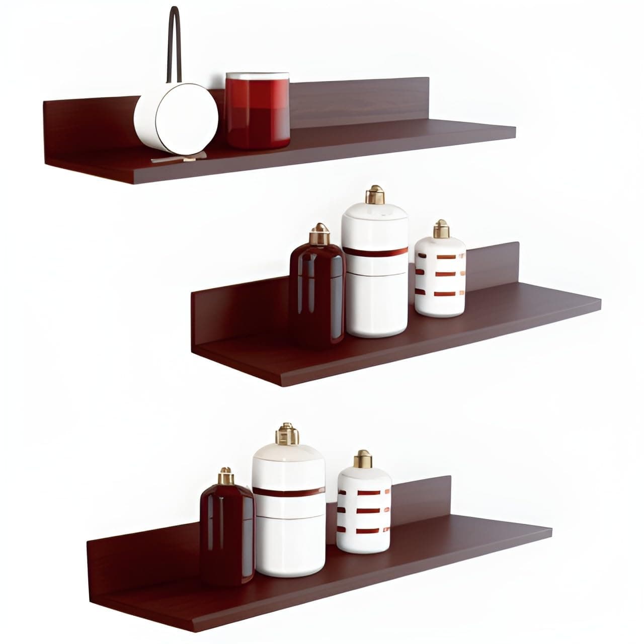 OUTKA Floating Wall Shelf, Wall Mounted Storage Shelf, Picture Shelving Ledge, Decorative Shelf for Home Decoration Items Set of 3 for Living Room, Office, Bedroom, Bathroom (16 Inches, Brown)