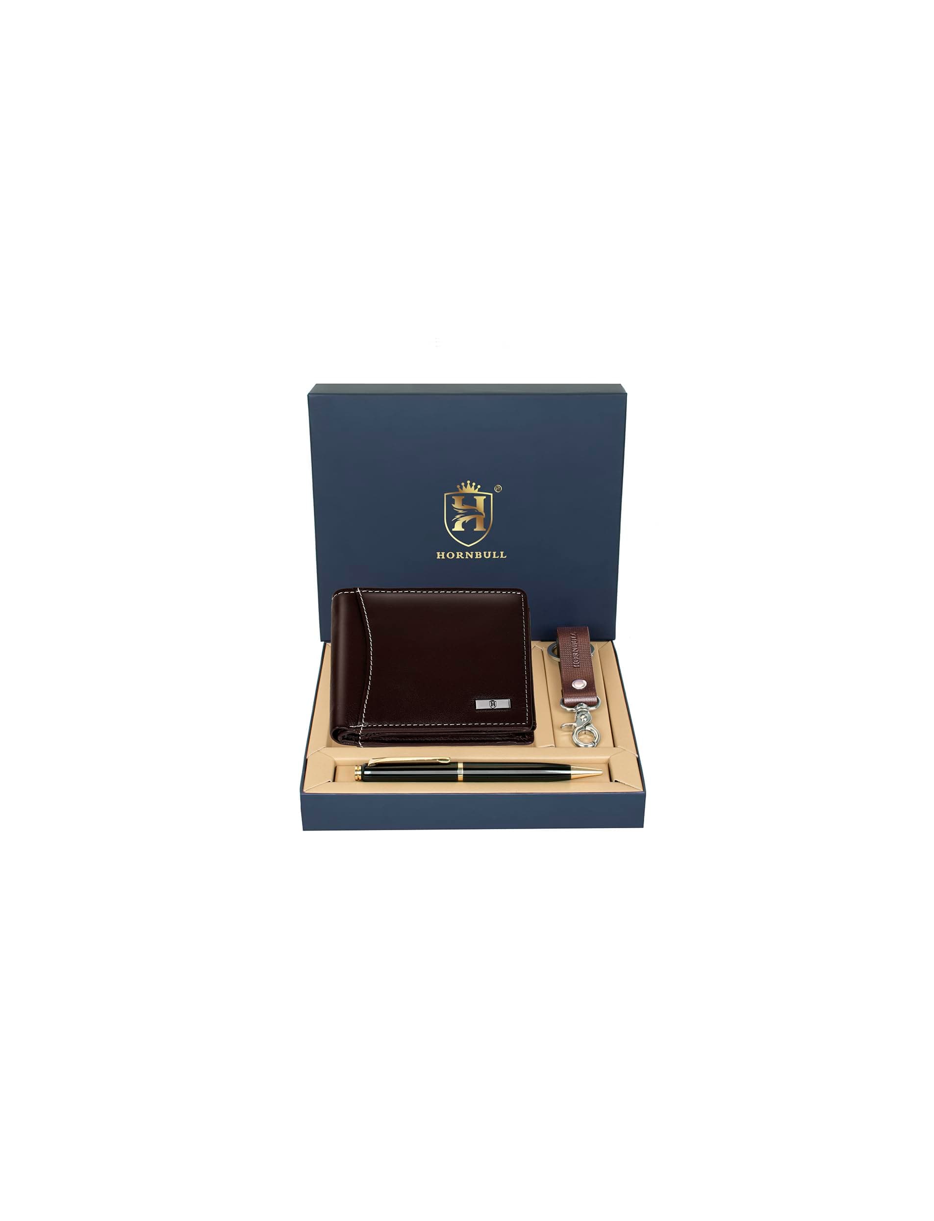 HORNBULL Themes Brown Mens Leather Wallet, Keyring & Pen Combo Gift Set for Men | Valentine's Day Gift Hamper for Men
