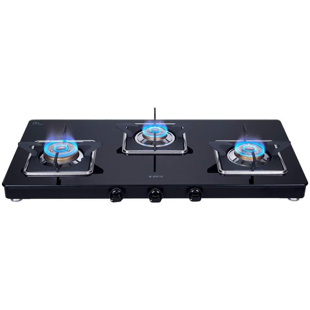 Elica Slimmest 3 Burner Gas Stove with Toughened Glass Top | Ultra Slim Frame | Forged Brass Burners | 7 Year Warranty on Glass & 5 Year Warranty on Burners | 773 CT VETRO (Slim Line SPF) | Black