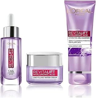 L’Oréal Paris Revitalift Serum, Hydrating and Plumping, With 1.5% Hyaluronic Acid, 15ml & Hyaluronic Acid Line Filling Water Cream 15ml & Revitalift Gel Cleanser 100 ml 3 Step Combo