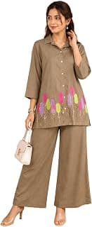 Generic Women's Embroidered Co-ord Set, Shirt Top with Wide-Leg Palazzo Pants, Floral Design, Casual Wear