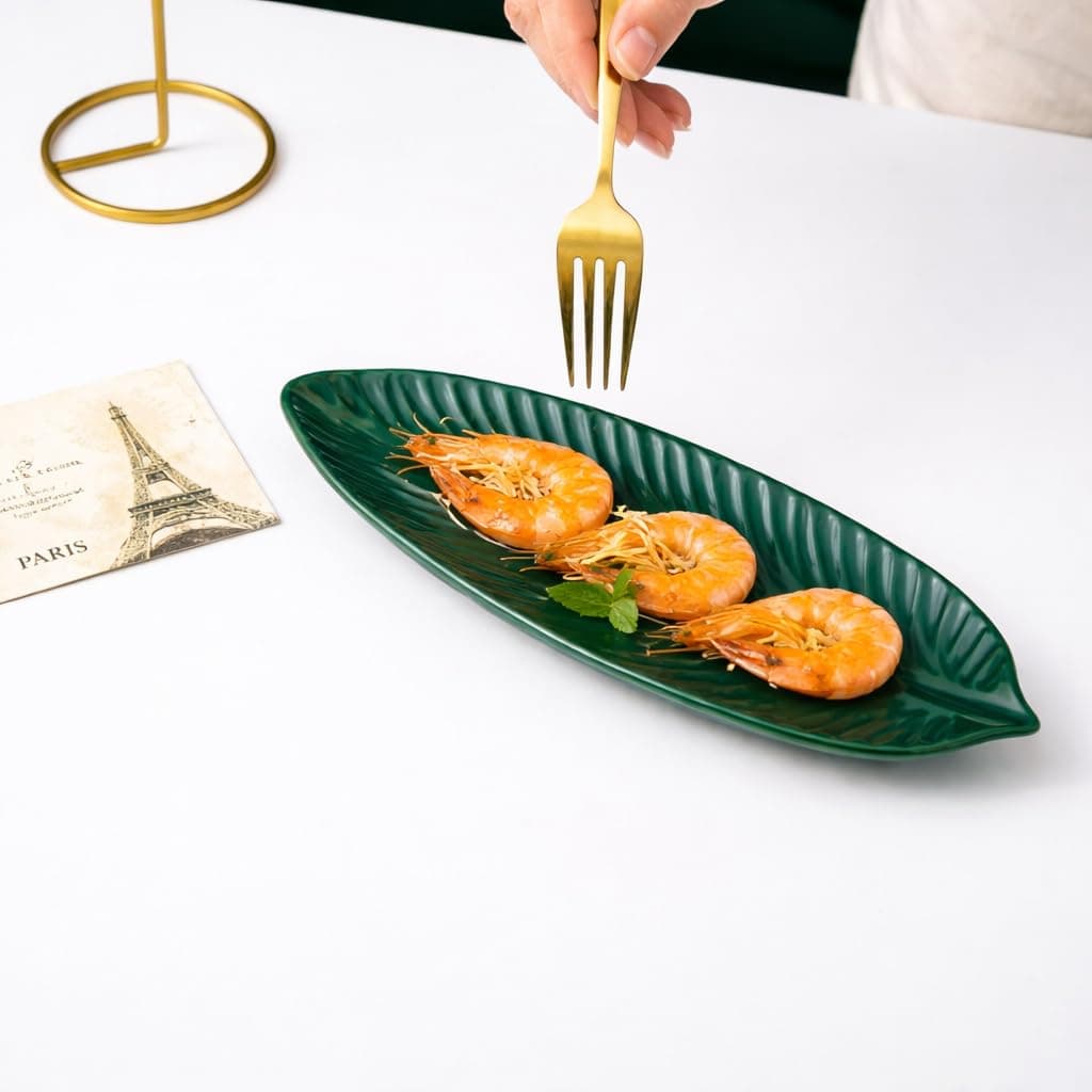 Beyond Homes Leaf Shape Ceramic Serving Plate, 11 Inch | Long Sushi Dimsum Platter | Decorative Ceramic Serving Platter for Snacks | Microwave & Dishwasher Safe Ceramic Tray for Serving (Green)