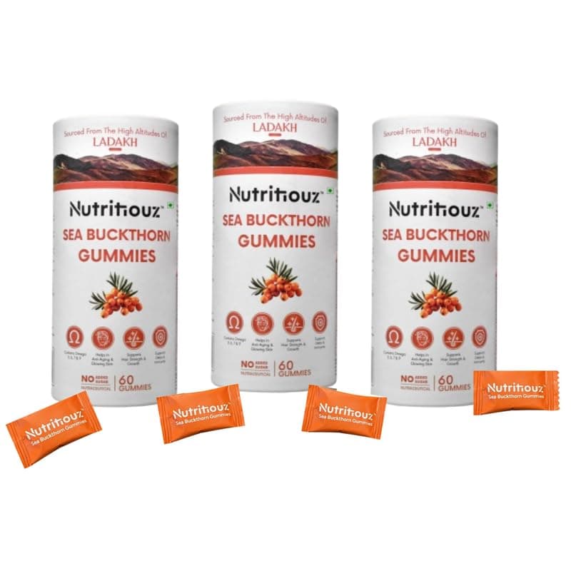Nutritiouz Seabuckthorn Gummies for Immunity & Glowing Skin | Rich in Vitamin C, Omega 3,6,7,9 & Antioxidants | Boosts Immunity, Brightens Skin | Pack of 60 Gummies - Combo of 3