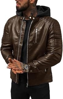 Pomo-Z Men's Faux Leather Removable Hooded Biker Jacket
