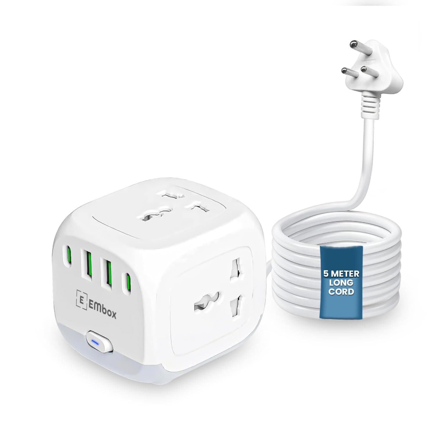 Embox 20W Extension Board 5 Meter Cable | 2500W Extension Cord with 4 Universal Sockets & 6 USB Ports(3 Type A+3 Type C)| Extension Board with USB Surge Protector Safety Shutter LED Indicator