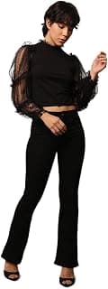 ONLY Women's High Frill Neck Mesh Sleeves Cotton Top