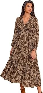 Zurity Dress for Women ||Bohemian Brown Print Casual Comfortable Women's Long Sleeve Maxi Dress|| Popular Autumn Apparel Fashion (D-03-05)