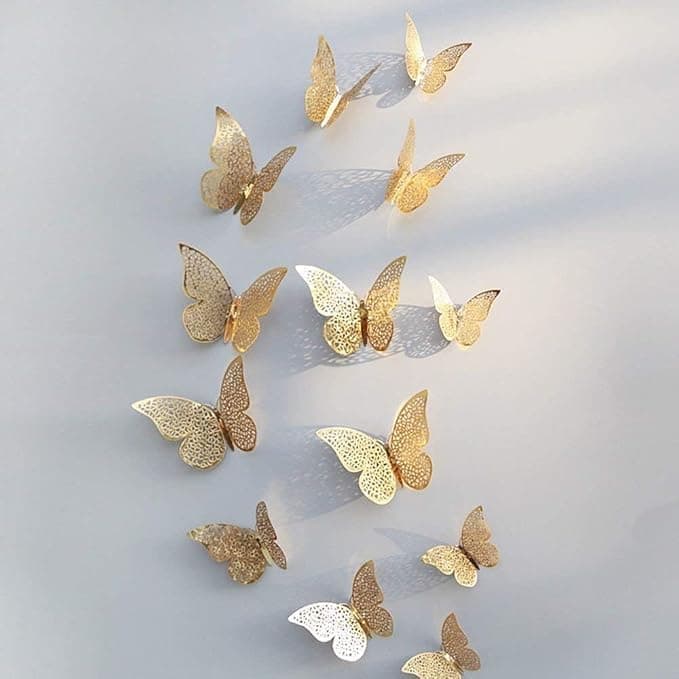 3D Metallic Butterfly Wall Stickers Set – Removable DIY Home Decoration for Bedroom, Living Room & Office – Easy to Apply Wall Art for Any Room (12, Golned-Butterfly)