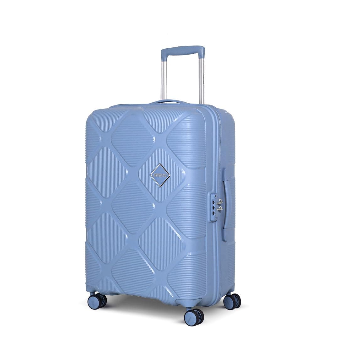 American Tourister Instavibe 79 CM Hard Trolley Bag for Travel Large Polypropylene Suitcase with Mounted TSA Lock, 8 Wheels Spinner, Flexi Packing Straps, and Side Hooks for Men & Women - Sky Blue