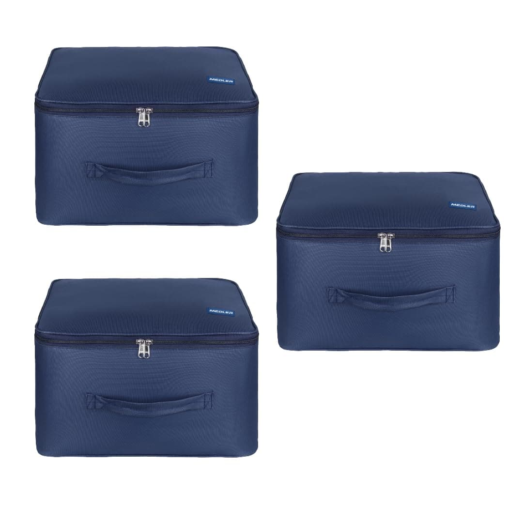 M MEDLER Adex Nylon Wardrobe Organizer Bag | Moisture-Proof Clothes Storage Box & Saree Cover with Zipper & Handle | Square | Blue | 38x38x24 cm - PACK OF 3
