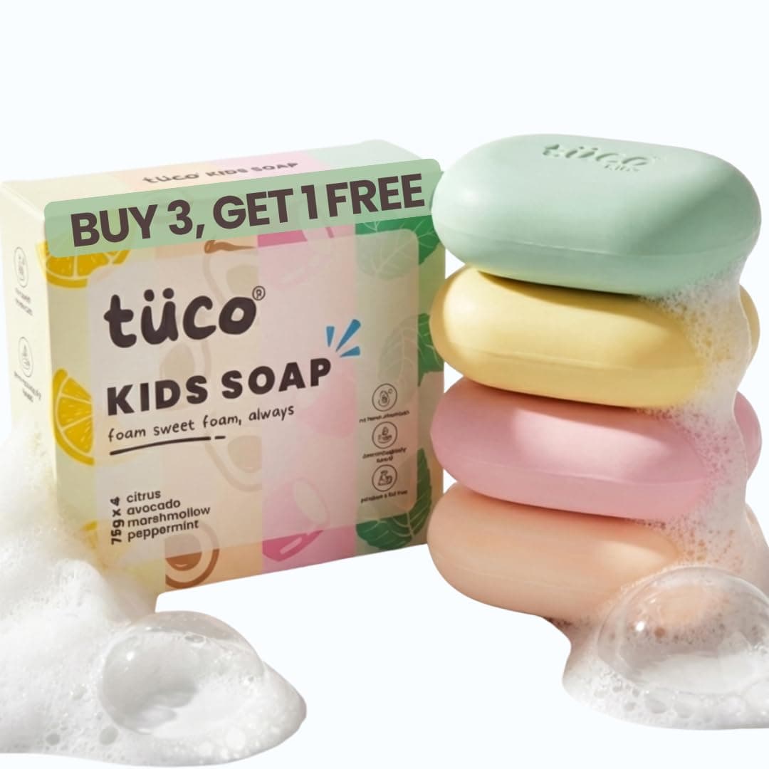 Tuco® Kids Soap Pack of 3+1 (3x75gm+1x75gm) | Dermatologically Tested, Gentle & Nourishing with Natural Vitamin C, Avocado, Marshmallow, Citrus | SLS & Paraben free | Ages 2-5, 5-10, 10-15