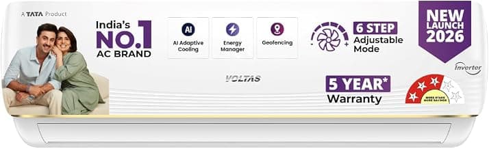 Voltas 1.5 ton 3 Star, New star rated, Inverter Split AC (Copper, Convertible 6-in-1 cooling modes, Ai Enabled, 4-way Swing, Sleep Mode, Auto Clean (183INV VERTIS AI ZEST GOLD, White)