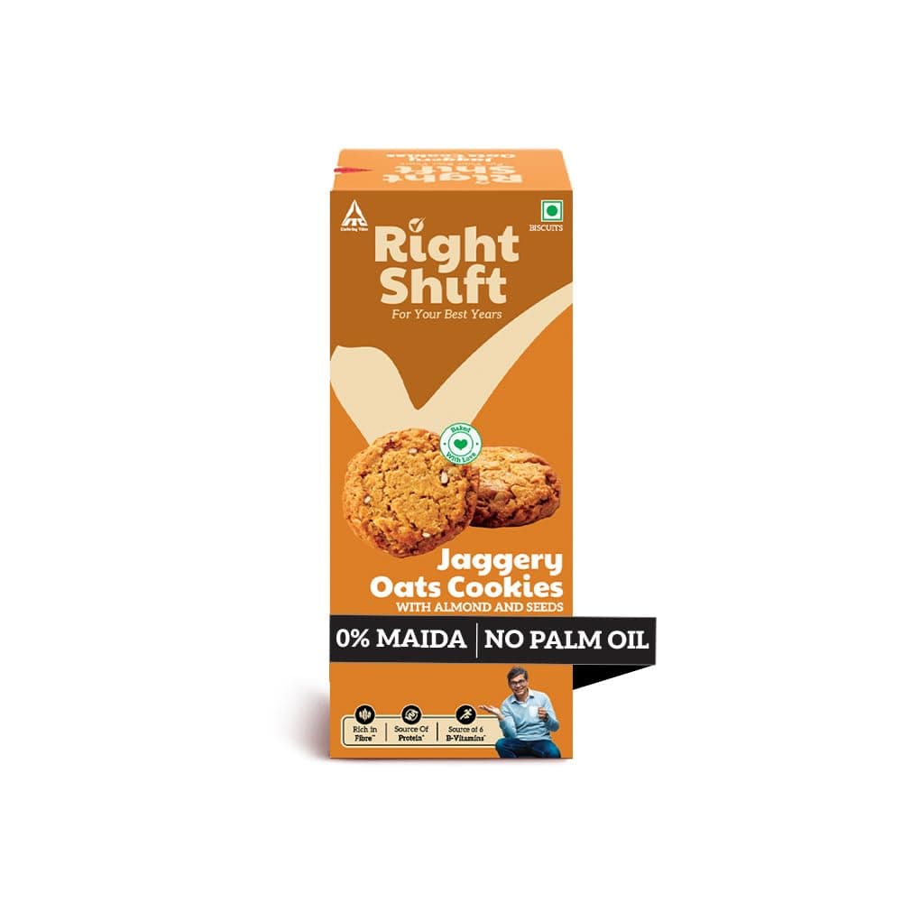 Right Shift Jaggery Oats Cookies, 100g(pack of 3)| No Palm oil, High Fibre Digestive| 3X Oats| 0% Maida, Refined Sugar| With Nuts & Seeds| Anytime Snack