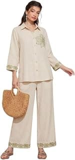 THE FEBZA Women Cotton Co-Ord Set | Embroidered Shirt Top & Straight Leg Pants for Women | Casual Summer Co-Ord Outfit | Stylish Lounge Wear | Vacation & Daily Wear Matching Set | Kurta Sets